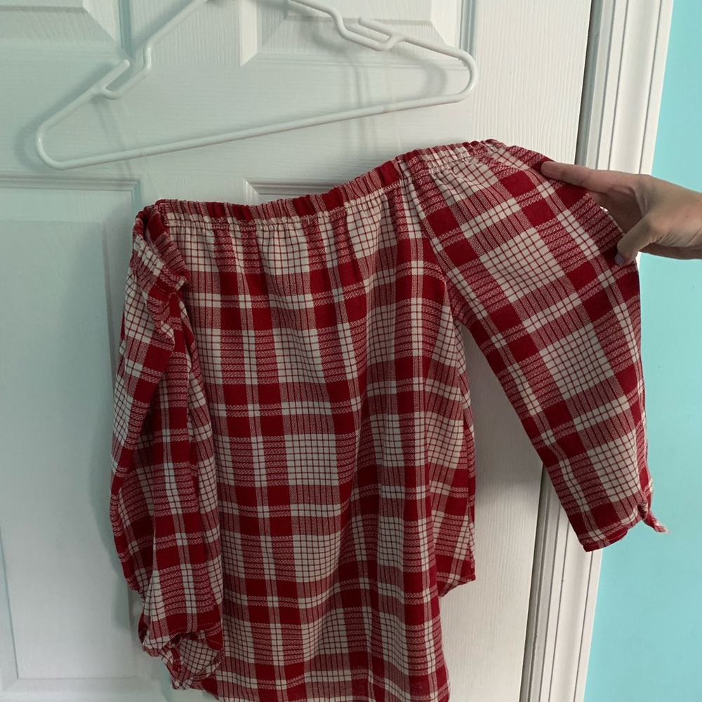 Plaid off the shoulder shirt